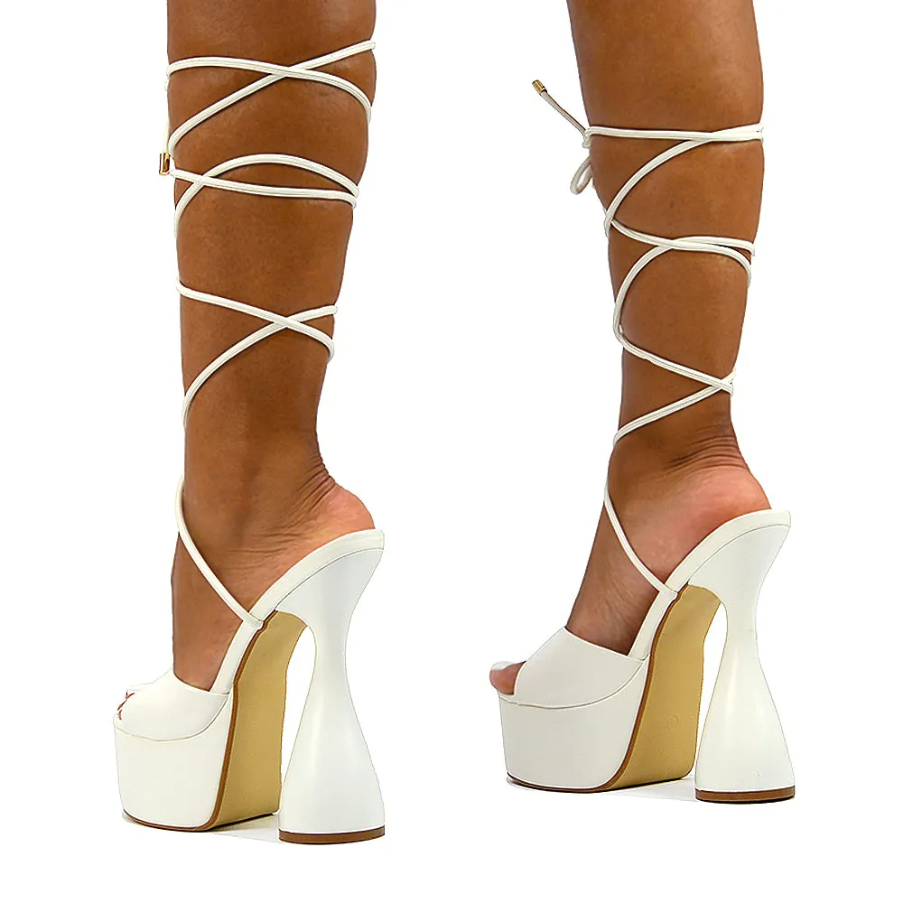 Celeste Lace Up Peep Toe Platform Sculptured Cylinder High Heel Sandals in Orange Synthetic Leather