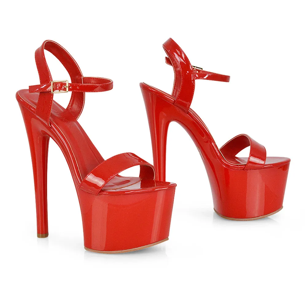 Matilda Statement Strappy Sky High Stiletto Platform Heels in Green Patent