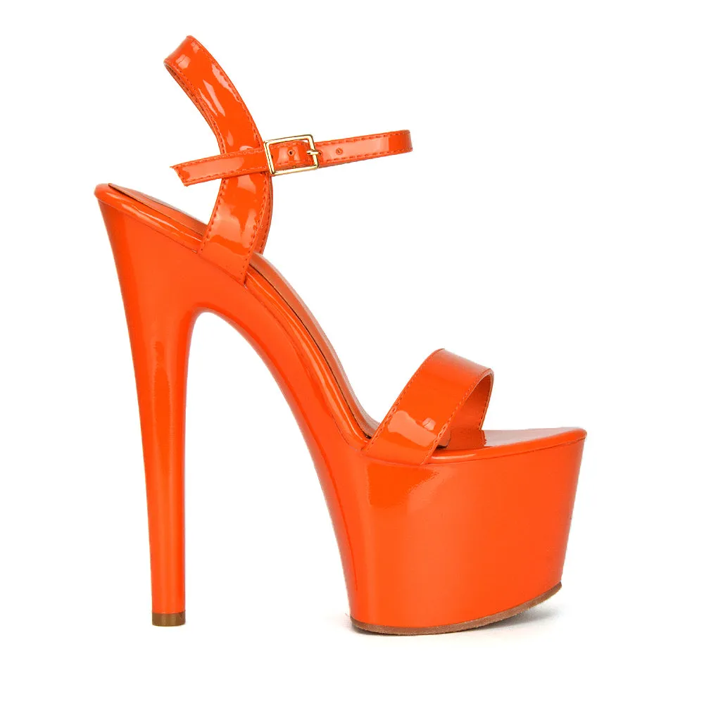 Matilda Statement Strappy Sky High Stiletto Platform Heels in Green Patent