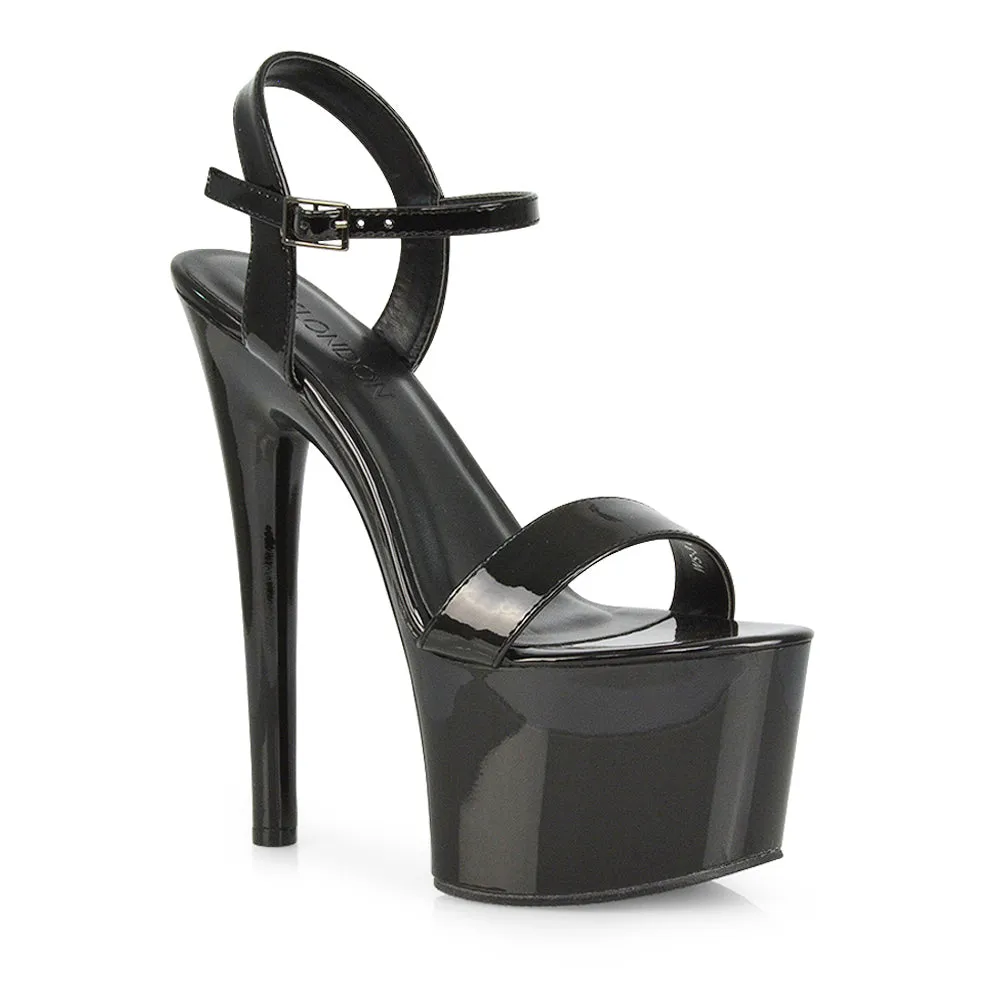 Matilda Statement Strappy Sky High Stiletto Platform Heels in Green Patent