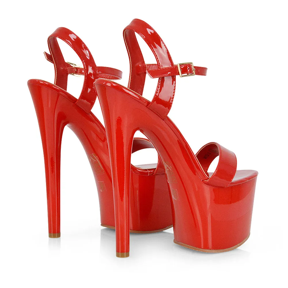Matilda Statement Strappy Sky High Stiletto Platform Heels in Green Patent