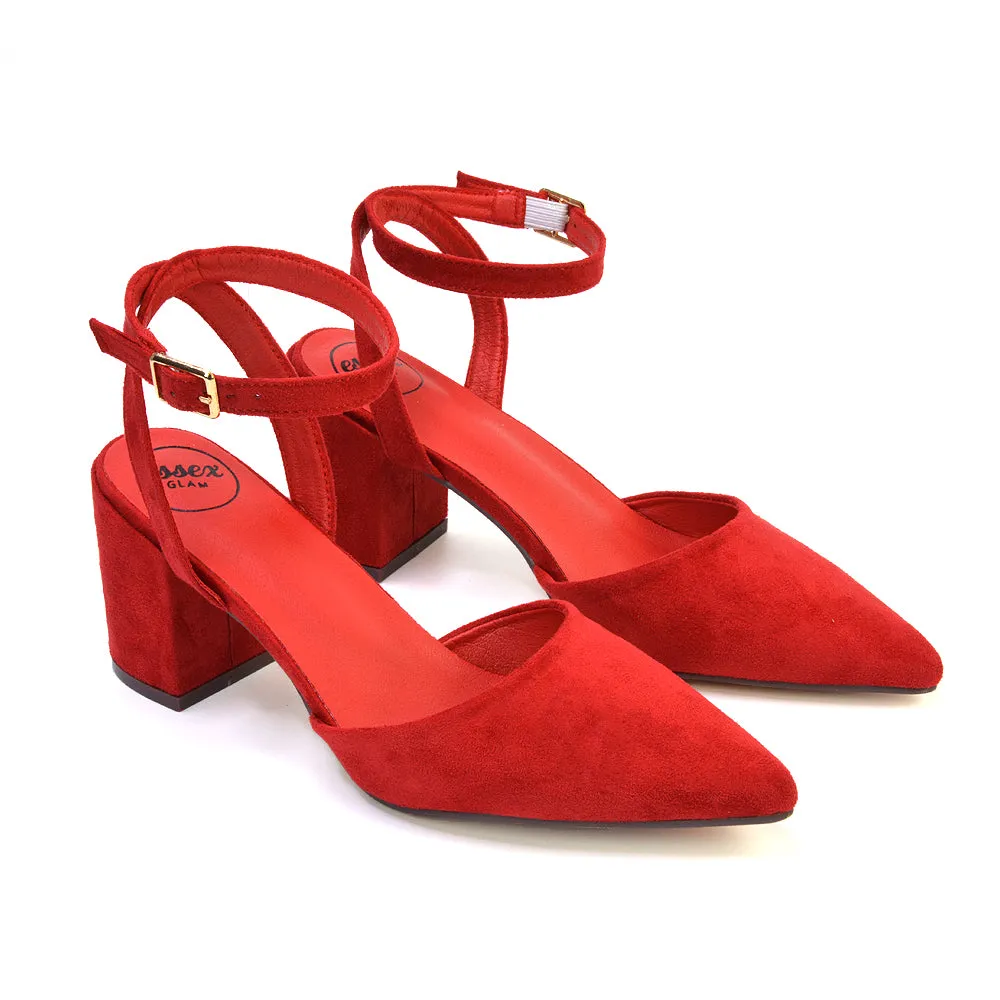 Ronnie Strappy Ankle Buckle Mid Block Heel Pointed Toe in Red Faux Suede