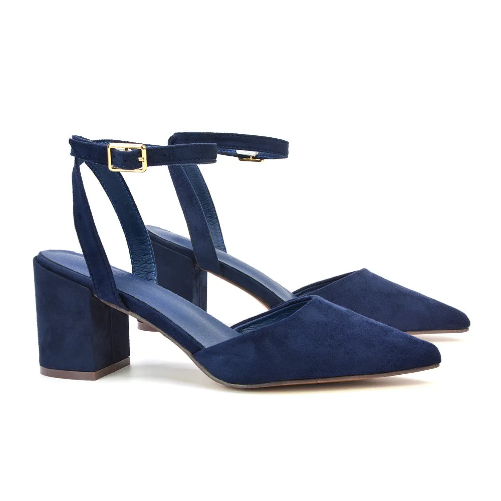 Ronnie Strappy Ankle Buckle Mid Block Heel Pointed Toe in Red Faux Suede