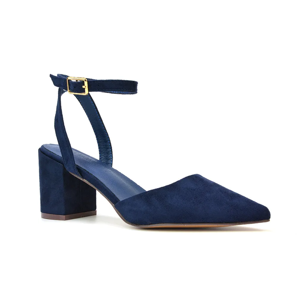 Ronnie Strappy Ankle Buckle Mid Block Heel Pointed Toe in Red Faux Suede