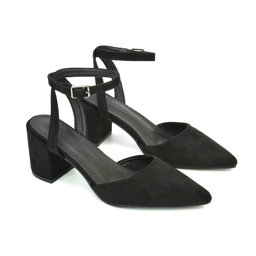 Ronnie Strappy Ankle Buckle Mid Block Heel Pointed Toe in Red Faux Suede